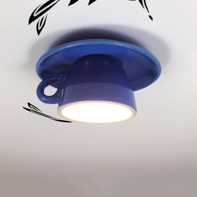 Macaron Coffee Cup Ceiling Mounted Fixture Ceramics 1-Head Bedroom LED Flushmount Light in Pink/Blue/Yellow