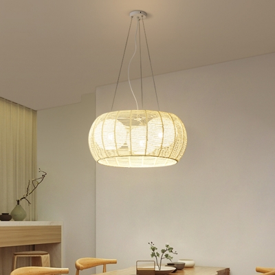 Melon Cage Rattan Woven Chandelier Modern 3-Head Beige Ceiling Pendant Light over Dining Table