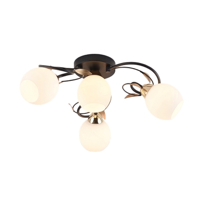 Metal Black Semi Mount Lighting Twisted Branch 4/6/9 Bulbs Traditional Flushmount with Orb Opal Glass Shade