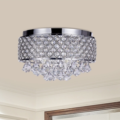 Metal Chrome Flush Ceiling Light Round 3 Heads Modern Flush Mount with Diamond Crystal Drop