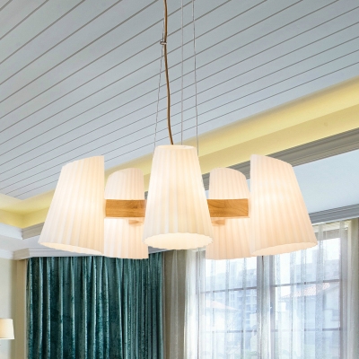 Modern 3/5-Light Hanging Chandelier Wood Cone Ceiling Pendant Lamp with White Prismatic Glass Shade