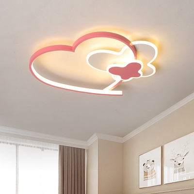 Modernist Butterfly Ceiling Mounted Light Acrylic Bedroom LED Flush Mount with Loving Heart Frame in Pink