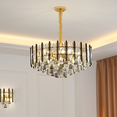 Modernist Conic Block Hanging Chandelier 7 Bulbs Clear Crystal Ceiling Pendant Light with Drum Design
