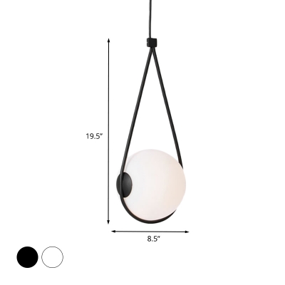 Opal Glass Orb Pendant Lighting Minimalist 1-Light White/Black Swag Ceiling Hang Fixture with Teardrop Frame