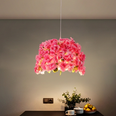 Pink 1 Head Hanging Lamp Kit Lodge Iron Cherry Flower Drum Pendant Ceiling Light for Living Room