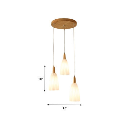 Prismatic White Glass Cluster Pendant Light Japanese 3-Light Wood Hanging Ceiling Lamp
