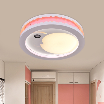 Round Acrylic Ceiling Flush Kids Pink/Blue/Gold LED Flush Mount Light Fixture with Crescent Moon Pattern