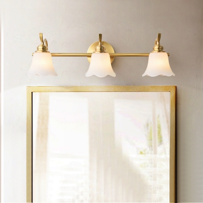 Scalloped Bell Bath Sconce Lighting Antiqued Frosted White Glass 2/3-Head Brass Finish Wall Lamp