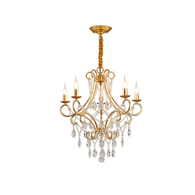 Scrolls Metal Chandelier Pendant Light Vintage 5/6 Bulbs Living Room Suspension Lamp in Gold with Crystal Droplet