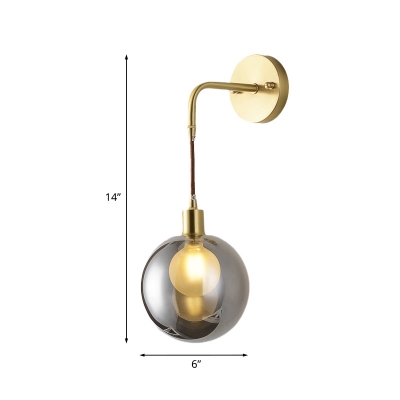 Smoke Glass Ball Wall Hanging Light Postmodern Style 1 Head Brass Wall Sconce with Bend Arm