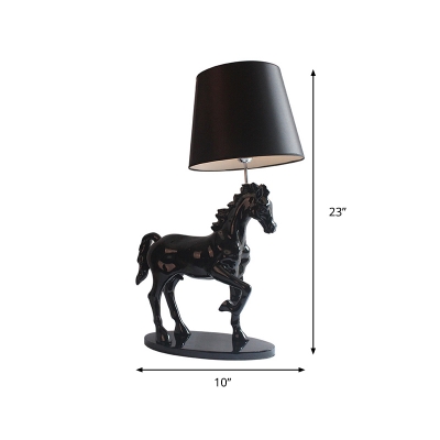 Tapered Shade Fabric Table Lamp Vintage 1 Head Bedroom Nightstand Light with Steed Pedestal in Black