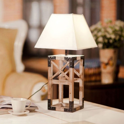 Wood Cuboid Cage Night Lamp Modern Novelty 1 Light Plug-In Table Lighting with Pagoda Fabric Shade in Black/White