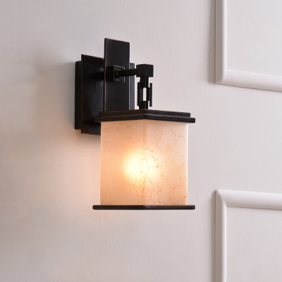 1 Bulb Frosted Crackle Glass Wall Light Lodge Black Cuboid Bedside Sconce Light Fixture
