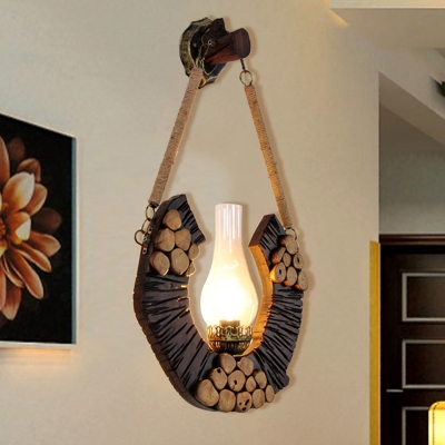 1 Bulb Wall Hanging Light Vintage Vase Shade Clear Glass Wall Mounted Lighting with Wood Circular Design