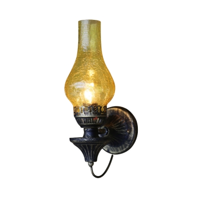 1 Head Wall Mount Lighting Loft Outdoor Metal Wall Light Fixture with Vase Yellow/Clear Crackle Glass Shade