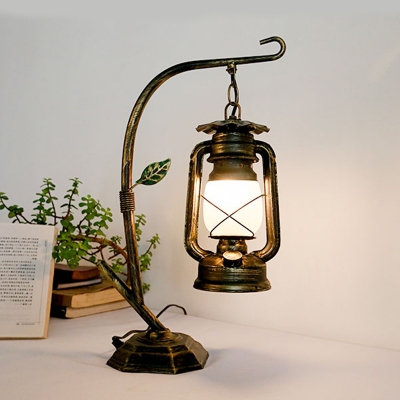 1-Light Cream Glass Table Light Industrial Brass/Copper Kerosene Bedroom Desk Lamp with Branch Arm