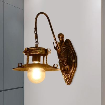 1 Light Metallic Wall Sconce Lighting Retro Brass Flared Restaurant Wall Lamp with Mermaid Arm