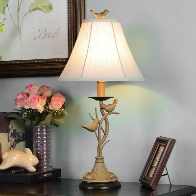 1-Light Nightstand Lamp Fabric Rustic Parlor Table Lighting with Flare Shade and Bird Decor in Khaki