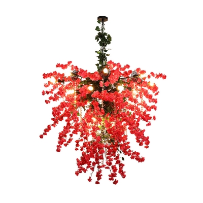 19-Bulb Sputnik Suspension Pendant Industrial Red Iron Chandelier Light Fixture with Cherry Blossom