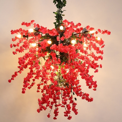19-Bulb Sputnik Suspension Pendant Industrial Red Iron Chandelier Light Fixture with Cherry Blossom