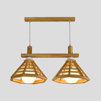 2 Bulbs Living Room Multi Pendant Modernist Beige Suspension Light with Polygon Cage Wood Shade