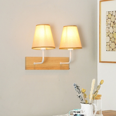 2 Heads Wall Mount Lamp Lodge Deep Cone Fabric Sconce Light in Flaxen with Wood Backplate