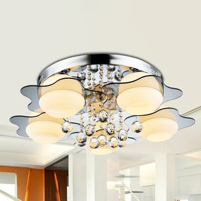 3/5-Head Globe Flush Light Fixture Modernist Chrome Frosted Glass Flushmount with Crystal Droplet