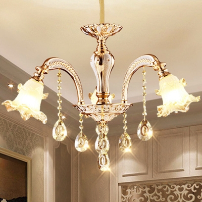 3/6 Heads Chandelier Pendant Light Traditional Bedroom Hanging Lamp Kit with Flower Frosted Glass Shade in Gold