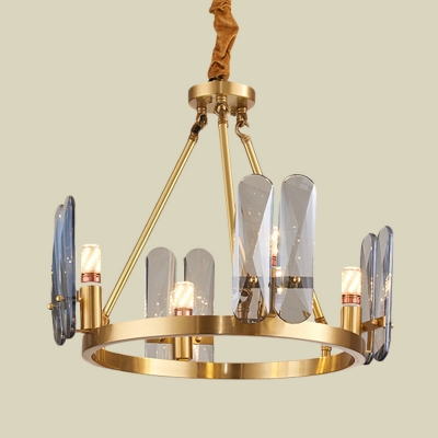 4-Bulb Ceiling Chandelier Minimalist Ring Metal Hanging Light Kit in Brass with Crystal Panel Detail