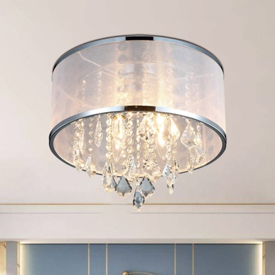 4-Head Fabric Flush Mount Light Simple Chrome Drum Bedroom Ceiling Lamp with Clear Crystal Drop
