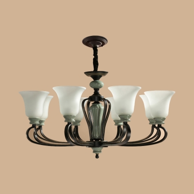 6/8 Bulbs Up Hanging Chandelier Vintage Living Room Pendant Lighting with Bell Frosted Glass Shade in Black