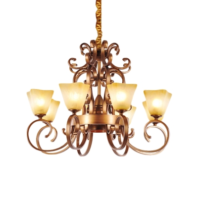 6/9 Lights Beige Glass Chandelier Traditional Brass Trapezoid Brass Living Room Pendant Light with Metal Curved Arm