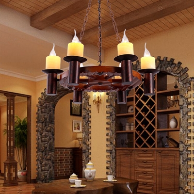 6 Bulbs Chandelier Lighting Fixture Loft Style Brown Candelabra Living Room Pendant Lamp with Wood Wheel Deco