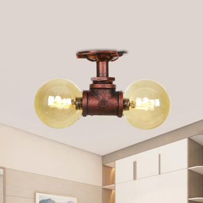 Antiqued Global Semi Mount Lighting 2-Light Amber Glass LED Flush Ceiling Lamp in Copper