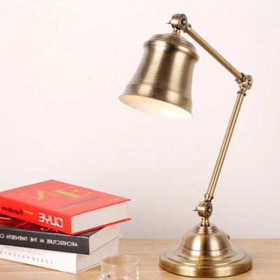 Bell Metal Reading Light Antiqued 1 Bulb Study Room Table Lamp in Gold with Swing Arm