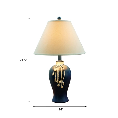 Blue Handcrafted Urn Base Table Lamp Country Resin 1 Bulb Family Room Night Light with Cone Lamp Shade