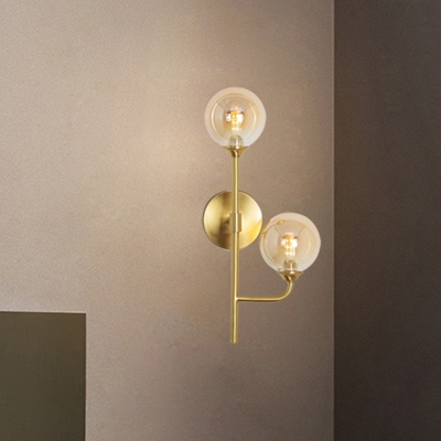 Branching Wall Light Fixture Postmodern Amber/Smoke Glass 2 Bulbs Dining Room Sconce Light in Gold