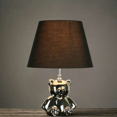 Brown 1 Head Nightstand Light Rural Fabric Conic Table Lamp with Ceramic Bear Base in Polished Silver/Gold