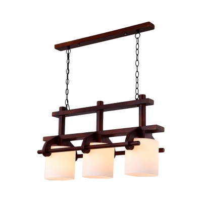 Brown 2/3-Light Island Lighting Fixture Classic Style Opal Glass Cylinder Wooden Hanging Light Kit