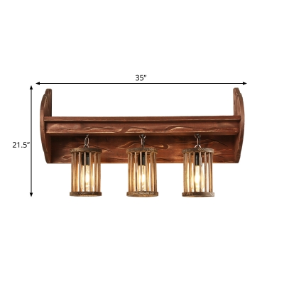 Brown 3-Bulb Wall Hanging Light Coastal Style Wood Cylinder Sconce Lighting Fixture for Bedroom