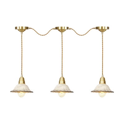 Ceramics Scalloped Multi Light Pendant Traditional 3/5/7-Bulb Dining Room Series Connection Pendulum Lamp in Gold