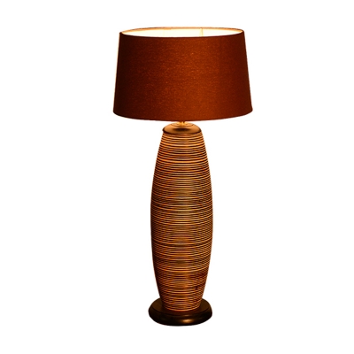 Coffee Elongated Striped Table Light Modern Style 1 Bulb Wood Night Lamp with Tapered Drum Shade