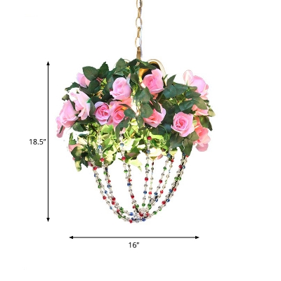 Crystal Bead Pendant Ceiling Light Industrial Style 1 Head Restaurant Suspension Lamp with Artificial Flower in Pink/Green