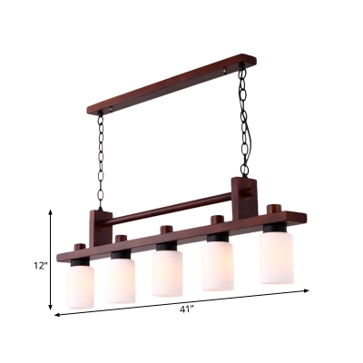 Cylinder Opal Glass Island Light Fixture Vintage 5-Head Dining Room Pendant Lamp in Brown with Wood Linear Design