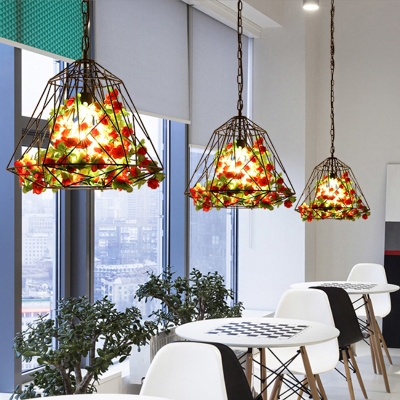 Diamond Cage Iron Drop Pendant Loft 1 Light Restaurant Hanging Light Fixture in Black with Flower Decor