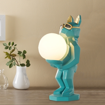 Dog/Rabbit Resin Table Light Cartoon Blue/Blue-Green Finish LED Night Lamp with Ball Opal Glass Shade