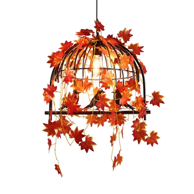 Dome Cage Wine Club Pendant Lighting Warehouse Iron 1 Bulb Red Hanging Light Fixture with Maple Leaf Decor