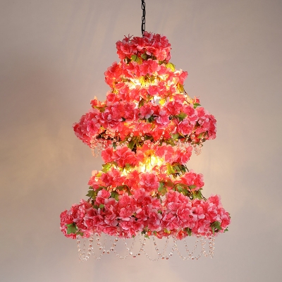 Dual-Layered Iron Hanging Pendant Vintage 6 Lights Restaurant Flower Chandelier in Pink with Crystal Decor