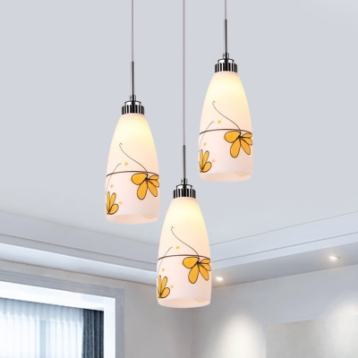 Elongated Dome White Glass Multi Light Chandelier Pastoral 3-Bulb Dining Room Ceiling Lamp with Black/Yellow/Blue Petal, Round/Linear Canopy