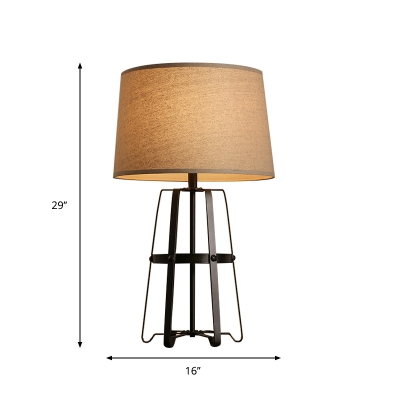 Fabric Brown Table Lighting Drum 1-Light Rustic Night Lamp with Open Pyramid Base